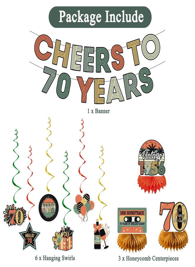 Roetyce 70th Birthday Decorations Women Men, Cheers To 70 Years Banner Centerpieces Hanging Swirls, 70th Birthday Party Supplies for Dad Mom, Vintage 1956 70 Years Old Party Photo Backdrop Background - Image 2