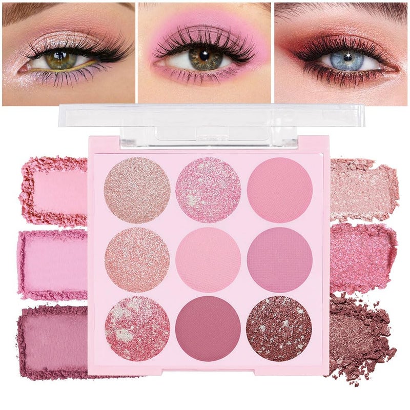 AMY'S DIARY Pink Shimmer Eye Shadow Makeup Palette 9 Colors, Highly Pigmented Matte Glitter Shimmer Pearl Waterproof Party Sparkling Eyeshadow Palette (02#) - Image 1