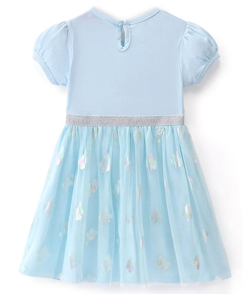 babyhug Babyhug Knitted Half Sleeves Frock With Butterfly Applique & Print - Blue