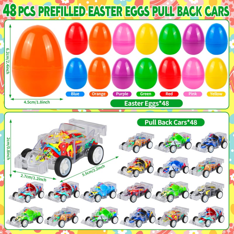 Seifar 48 Pack Prefilled Easter Eggs Pull Back Cars, Small Race Cars Racing Car for Easter Stuffing Egg Hunt Basket Stuffers Filler Surprise Party Favor Classroom Prize - Image 2