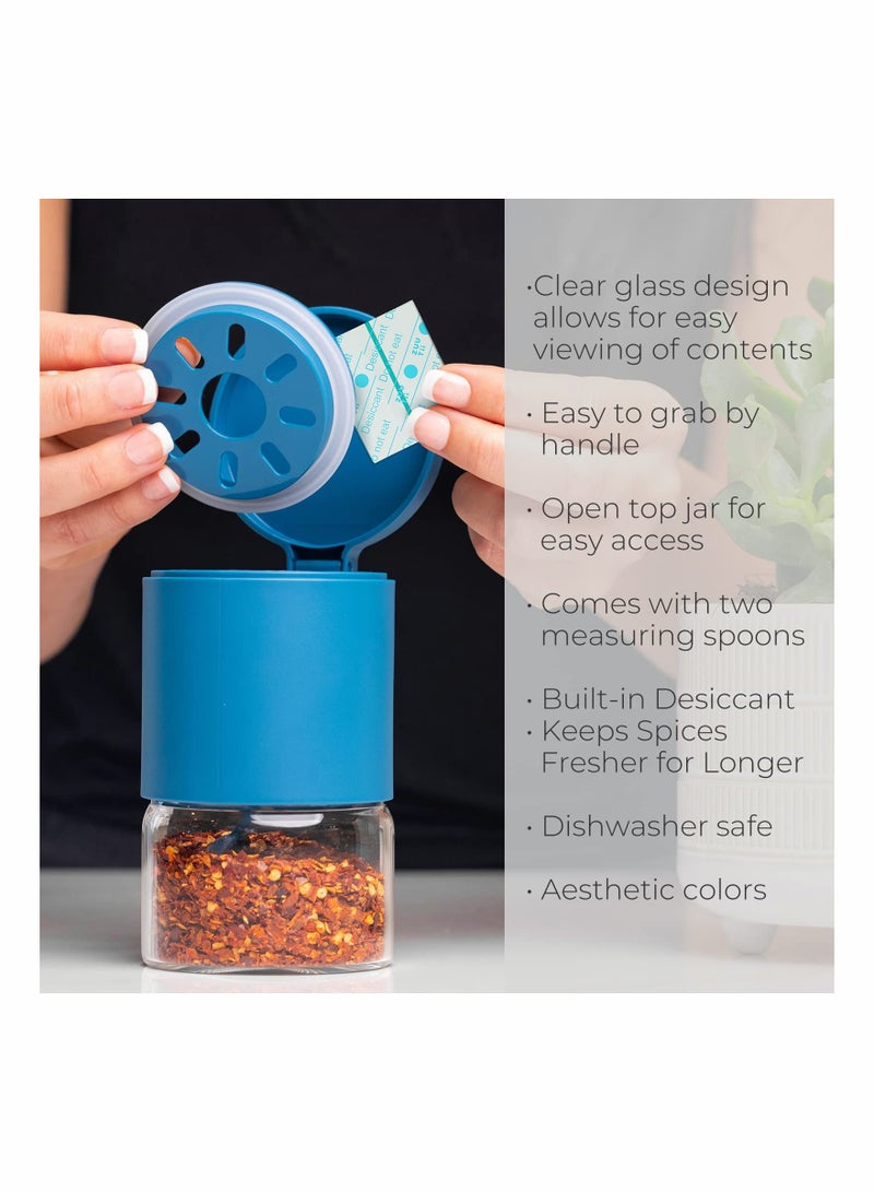 Luckam Glass Spice Jars Moisture Proof Spice Containers with Spoons Set of 2 10oz 300ml Spice Bottles Mini Seasoning Storage Jars with Flapper Caps for Salt Sugar Peppers Chili in Kitchen Blue - Image 2