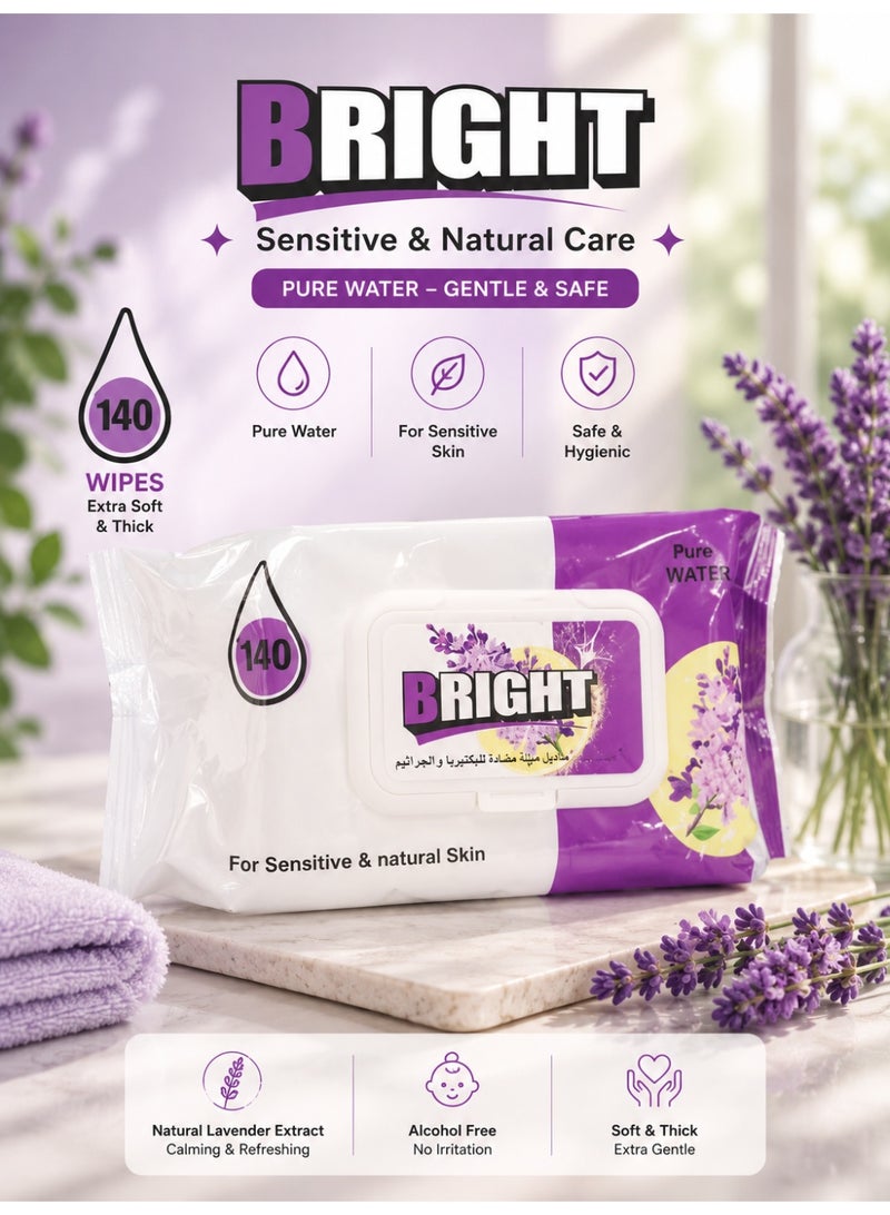 Bright Sensitive Wet Wipes – Pure Water Baby & Family Care Wipes – Extra Soft Thick Moist Towelettes for Sensitive Skin – 140 Wipes - Image 1