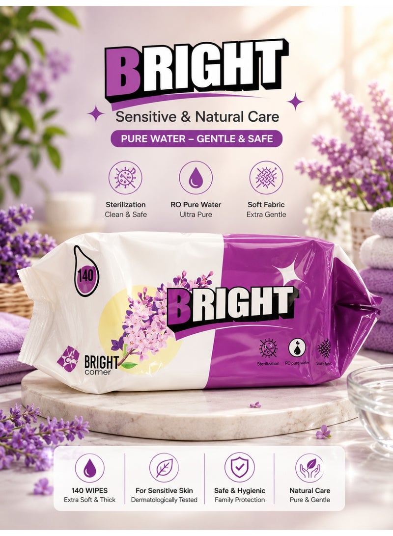 Bright Sensitive Wet Wipes – Pure Water Baby & Family Care Wipes – Extra Soft Thick Moist Towelettes for Sensitive Skin – 140 Wipes - Image 2