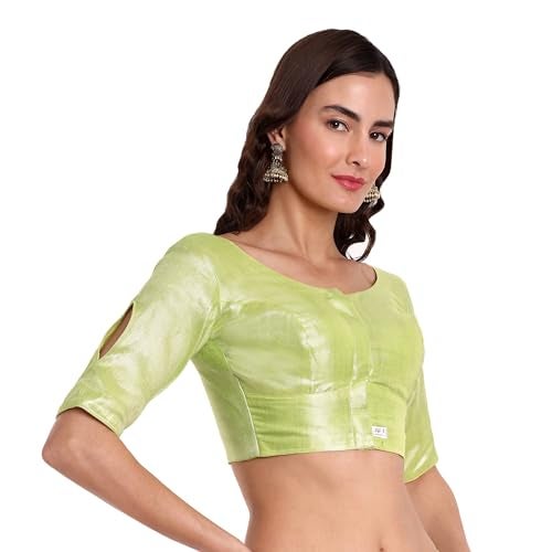 JISB Women Polycotton Slim Fit Tissue Elbow Length Sleeves Saree Blouse (36, Green) - Image 2