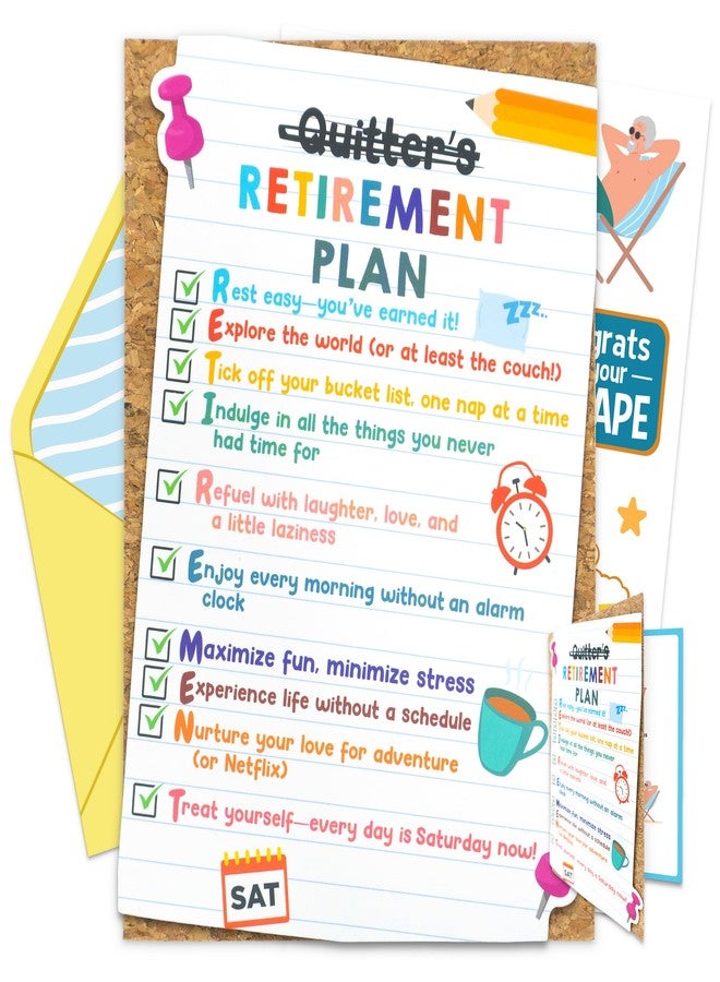 Decorably 5x7in Handmade Individual Happy Retirement Card with Cork Layer and Checklist Cutout, Fun Retirement Card for Man and Woman Set with Envelope and Stickers, with Printed Message Inside - Image 1