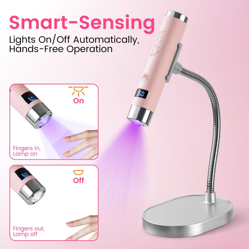 Rosiour Mini U/V Lamp for Gel Nails- Rechargeable Handheld Nail U V Led Curing Light with Stand- Flash Cure Fast Dry U/V Lamp with Auto Sensor for Home Manicure and Salon (Pink) - Image 2