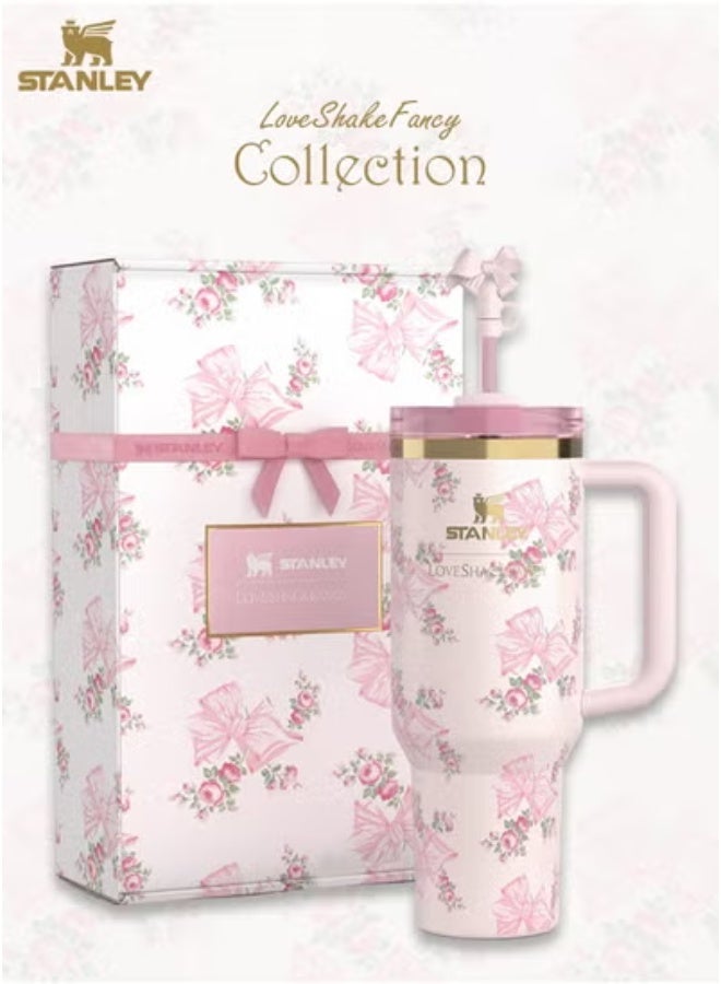 Stanley Stanley Love Shack Fancy H2.0 Flow State 40oz Rosa Beaux Pink Tumbler, Stainless Steel Vacuum Insulated Quencher with Lid, Straw and Stopper in Elegant Gift-Ready Packaging, Keeps Drinks Cold for Hours  - Image 4