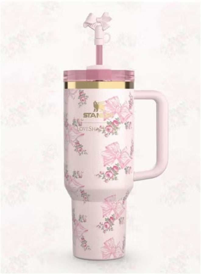 Stanley Love Shack Fancy H2.0 Flow State 40oz Rosa Beaux Pink Tumbler, Stainless Steel Vacuum Insulated Quencher with Lid, Straw and Stopper in Elegant Gift-Ready Packaging, Keeps Drinks Cold for Hours - Image 2