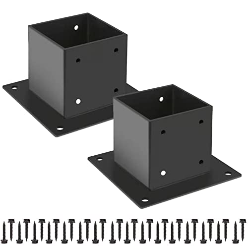 Grehitk 4×4 Post Base 4 Pcs,Deck Post Brackets,Inner Size 3.5"x3.5" Thick Steel Fence Post Anchor Base,Black Powder Coated Heavy Fence Post,for Supports Porch Railing Post Holders Pergola Brackets - Image 1