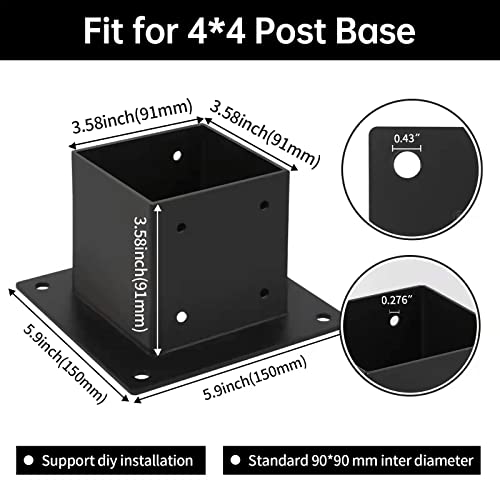 Grehitk 4×4 Post Base 4 Pcs,Deck Post Brackets,Inner Size 3.5"x3.5" Thick Steel Fence Post Anchor Base,Black Powder Coated Heavy Fence Post,for Supports Porch Railing Post Holders Pergola Brackets - Image 3