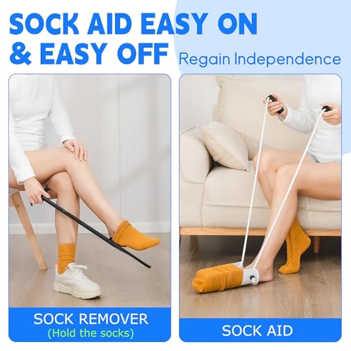 JFMkaer Sock Aids for Putting On Socks Kit - (Sock Helper + 35 Inch Dressing Stick with Sock Remover & Shoe Horn) - Flexible Sock Assistant Device for Seniors & Limited Mobility No Bending - Image 2