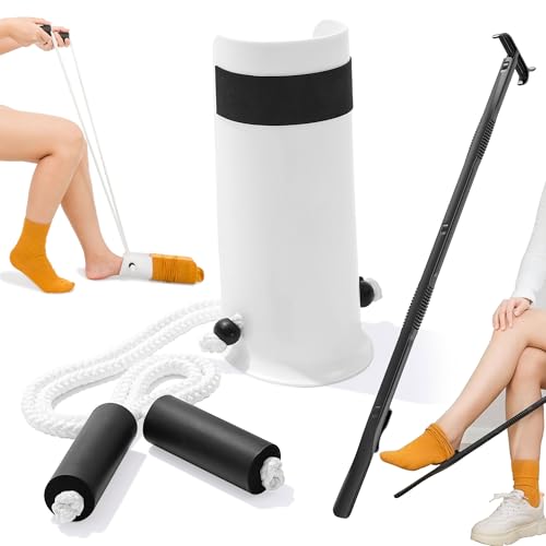 JFMkaer Sock Aids for Putting On Socks Kit - (Sock Helper + 35 Inch Dressing Stick with Sock Remover & Shoe Horn) - Flexible Sock Assistant Device for Seniors & Limited Mobility No Bending - Image 1