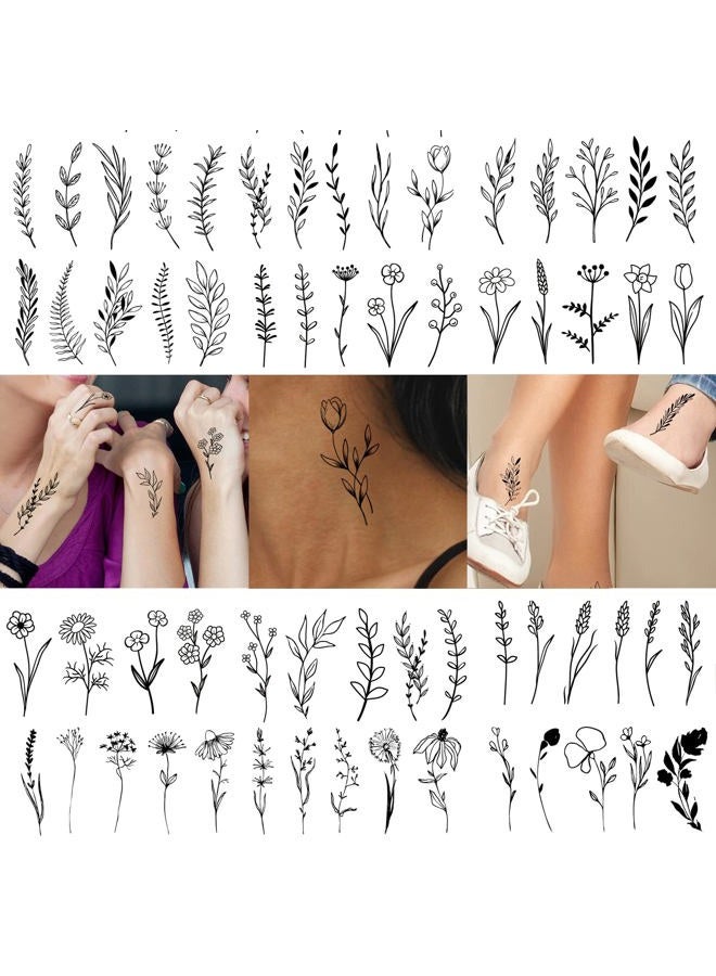 Kotbs 18 Sheets Realistic Temporary Tattoo, Tiny Branch Black Flower Temporary Tattoos for Women Girls Kids, Bouquet Small Tattoo Temporary Sticker Wild Plant Floral Fake Tattoos - Image 3