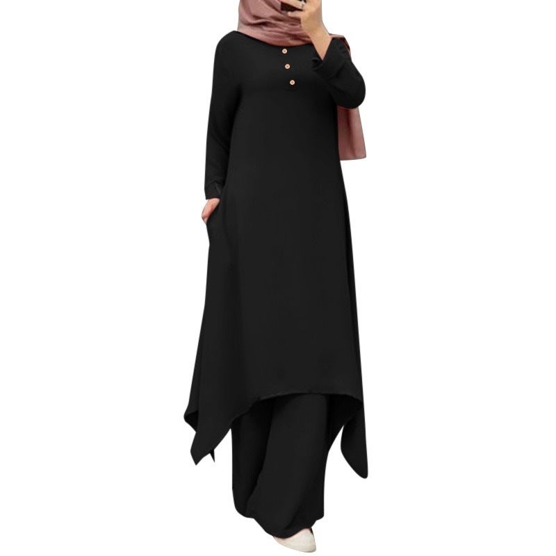 2024 Casual Solid Round Neck Muslim Set green  - Image 2