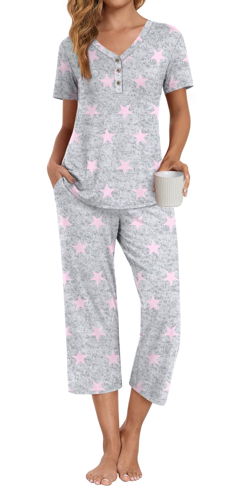 Anyally Women's Pajama Set Plus Size Short Sleeve Top and Sleepwear Pants 2 Piece Lounge Sets Summer Ladies Pjs Sets with Pockets, 2XL Star Grey - Image 1