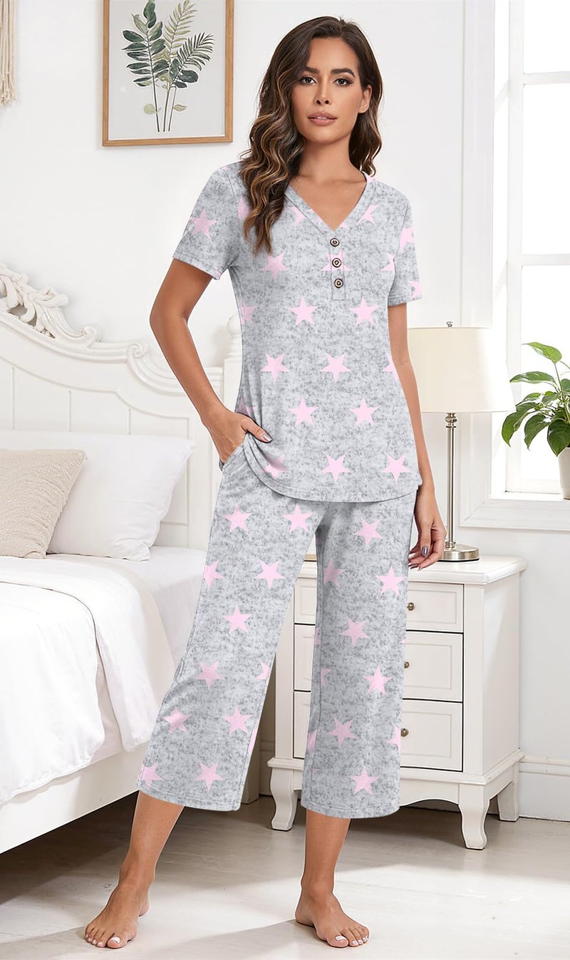 Anyally Women's Pajama Set Plus Size Short Sleeve Top and Sleepwear Pants 2 Piece Lounge Sets Summer Ladies Pjs Sets with Pockets, 2XL Star Grey - Image 2