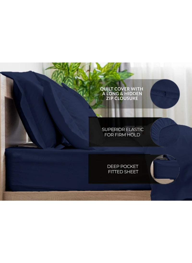 إي وورلد طقم سرير فاخر مكون من 6 قطع بحجم كينج، تصميم مخطط باللون الأزرق، مصنوع من قطن عالي الجودة بفخامة فنادق، مع شرشف سرير وغطاء لحاف ووسائد ناعمة - Image 2