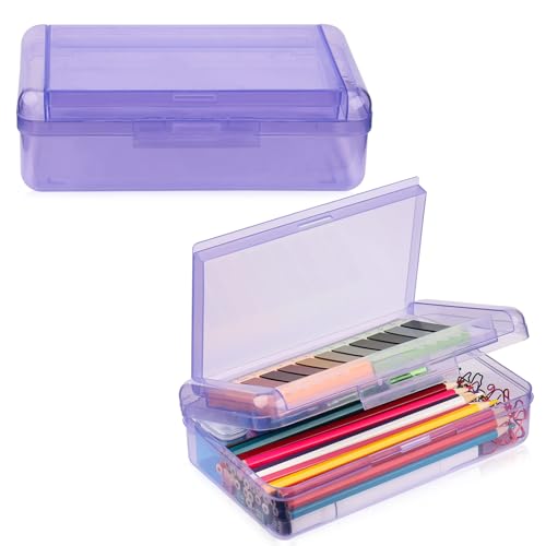 Meiikun Double Layer Large Capacity Pencil Case, Translucent Plastic Hard Pencil Boxes with Snap-tight Lid, School Office Supplies Storage Box for Stationery, Pen, Crayon (Purple, 1 Pack) - Image 1