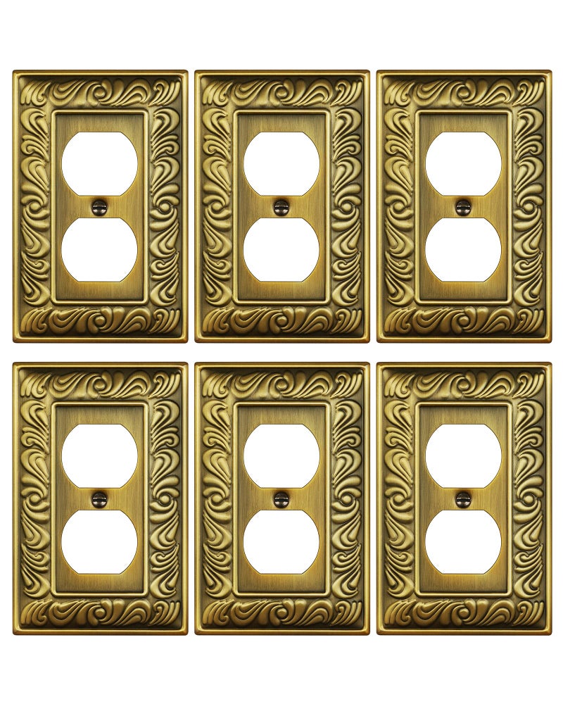 TREEWELL 6Pack Duplex Outlet Cover Plate Paisley Pattern Antique Brass Metal Wall Plates for Electrical Outlets 1 Gang Receptacle Cover Decorative Switch Plates and Outlet Covers