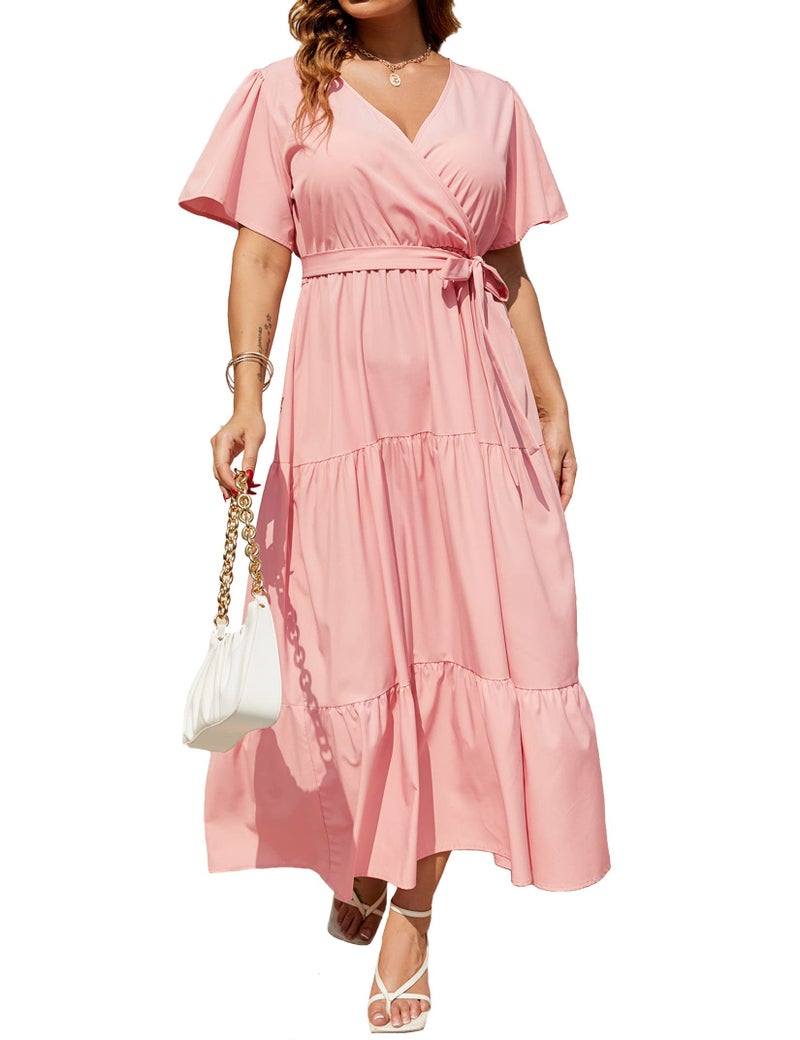 KOJOOIN Women Plus Size V Neck Wrap Maxi Dress Short Sleeves High Waist Ruffle Summer Casual Dress with Belt Pink Solid 3XL - Image 1