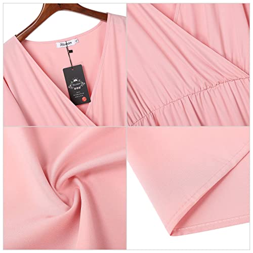 KOJOOIN Women Plus Size V Neck Wrap Maxi Dress Short Sleeves High Waist Ruffle Summer Casual Dress with Belt Pink Solid 3XL - Image 5