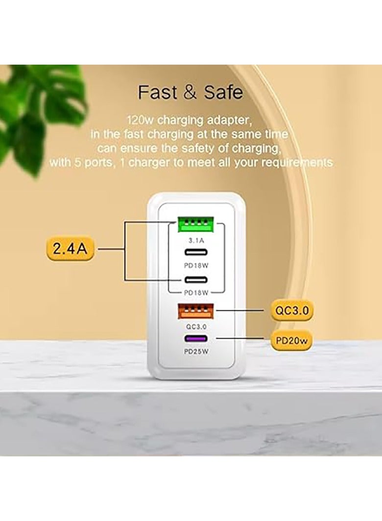 general 120W Fast Charger with 5 Ports, 3PD+2USB Multiport Charger Block for Multiple Device, 120w Fast Charging Wall Charger, 5 Port Travel Charger Fast Mobile Charger Adapter (White, UK) - Image 2