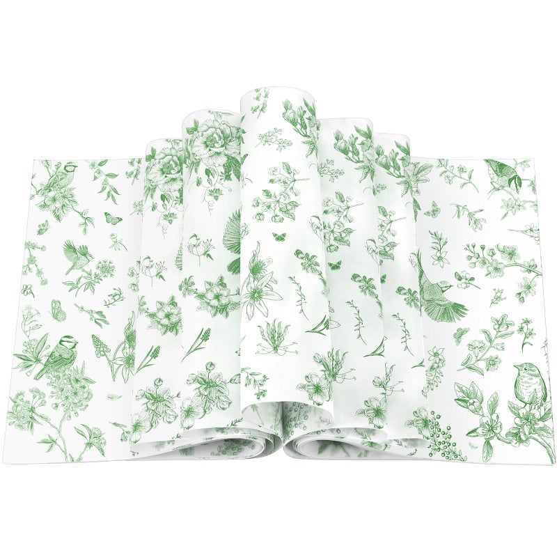 Feifeiya 200 Pcs Floral Wax Paper Sheet for Food Chinoiserie Bird Deli Paper Waterproof Sandwich Wrapping Greaseproof Food Basket Liners for Picnic Party Kitchen Supply, 9.8 x 8.7inch (Floral,Green) - Image 1