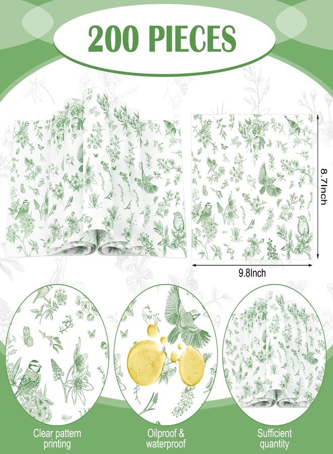 Feifeiya 200 Pcs Floral Wax Paper Sheet for Food Chinoiserie Bird Deli Paper Waterproof Sandwich Wrapping Greaseproof Food Basket Liners for Picnic Party Kitchen Supply, 9.8 x 8.7inch (Floral,Green) - Image 2