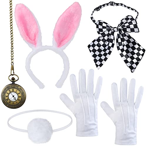 Yewong White Rabbit Costume -Easter Bunny Ears Headband Tail Bowtie Gloves-White Rabbit Clock Pocket Watch - Image 1