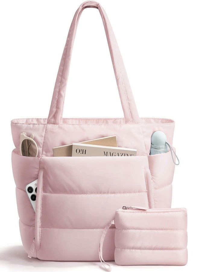 Bagstellar Puffer Tote Bag for Women, Lightweight Puffy Work Handbag Teacher Nurse Quilted Shoulder Bag for School Travel Gym, Pink, Large - Image 1