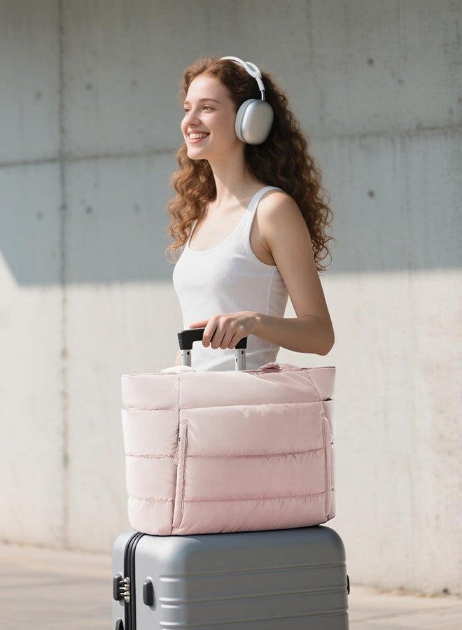 Bagstellar Puffer Tote Bag for Women, Lightweight Puffy Work Handbag Teacher Nurse Quilted Shoulder Bag for School Travel Gym, Pink, Large - Image 2