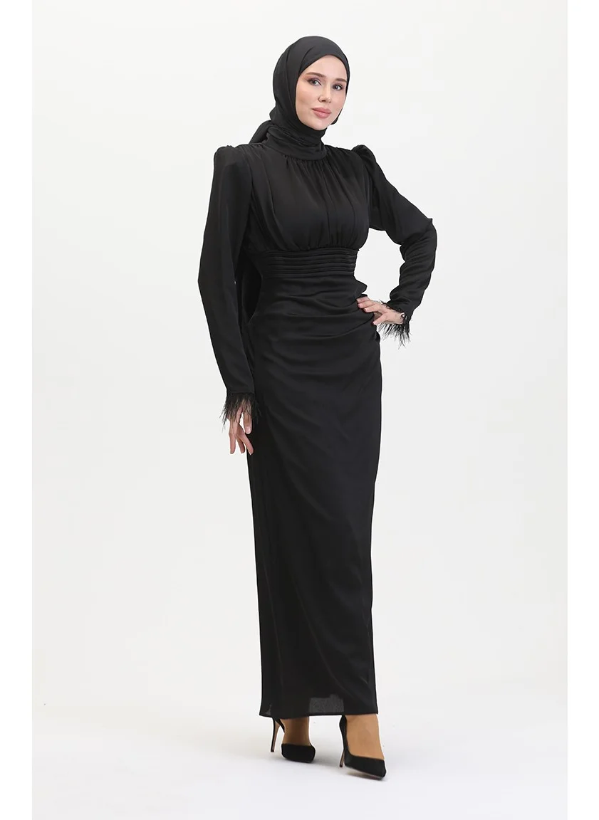 Sefa Merve Pleated Detailed Satin Evening Dress 6374-06 Black