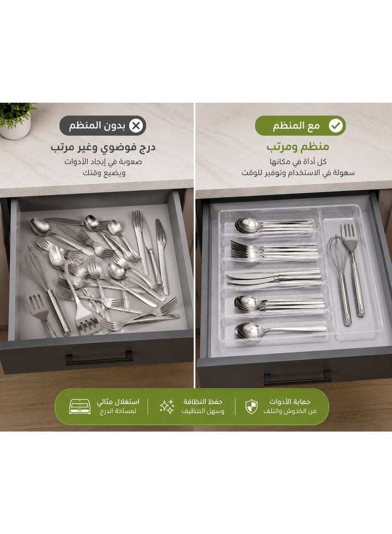 منظم أدراج المطبخ للملاعق والشوك والأدوات – منظم بلاستيكي شفاف وعملي، تصميم مانع للانزلاق، سهل التنظيف – مناسب لأدراج المطبخ القياسية - Image 4