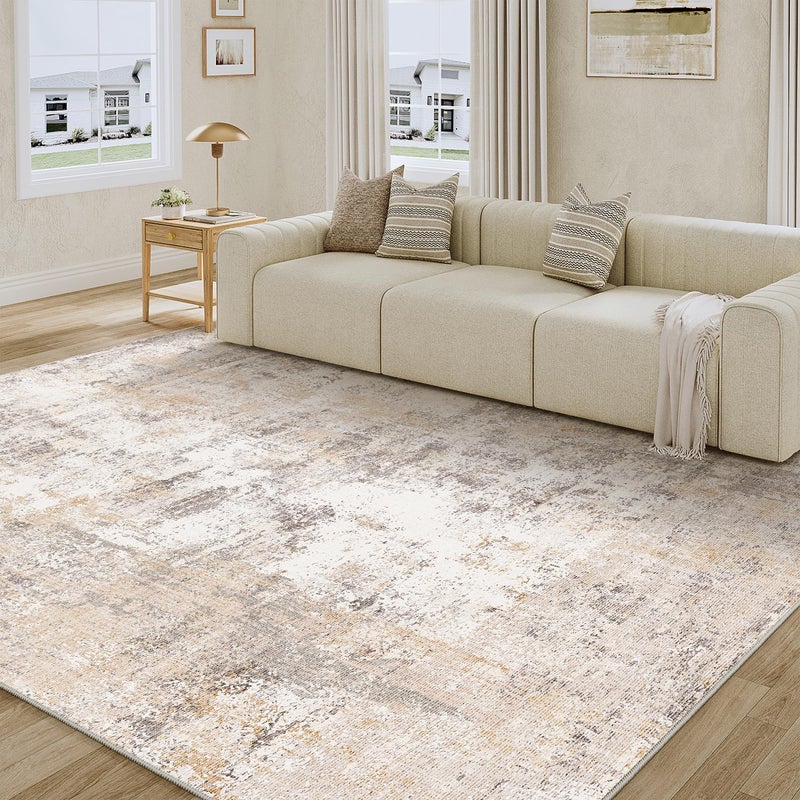 WondRg 6x9 Washable Area Rug Beige Grey Abstract Living Room Bedroom Throw Rug Neutral Modern Non Slip Soft Low Pile Indoor Carpet for Dining Room Office Entryway - Image 1