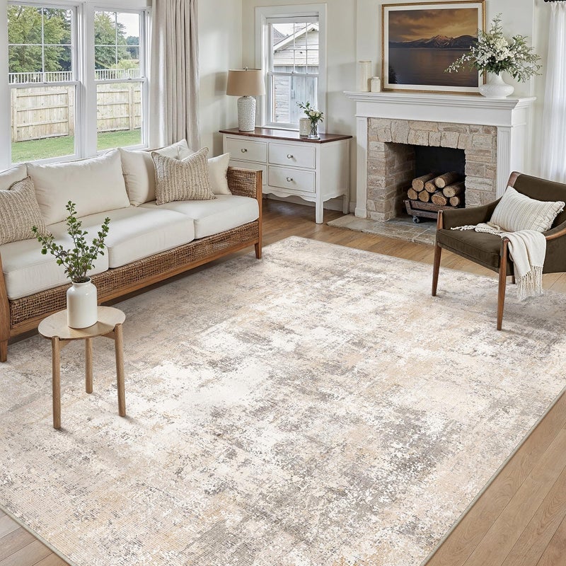 WondRg 6x9 Washable Area Rug Beige Grey Abstract Living Room Bedroom Throw Rug Neutral Modern Non Slip Soft Low Pile Indoor Carpet for Dining Room Office Entryway - Image 4