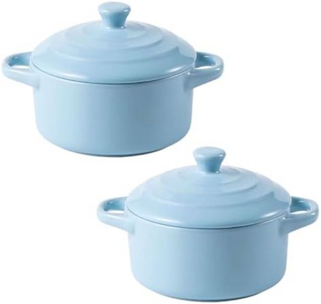Mini Ceramic Casserole Pots Set of 2, Oven-Safe Soup Pots with Lids, Ideal for Soups, Stews, and Side Dishes (Blue) - Image 1
