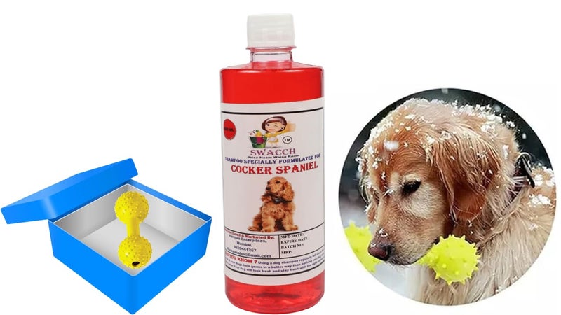 swacch Cocker Spaniel Dog Shampoo + Dumbbell Toy I Durable Rubber Dog Toy for Chewing I Playing,Teeth Cleaning & Training Toy I Combo Pack I 500ml Jasmine - Image 1