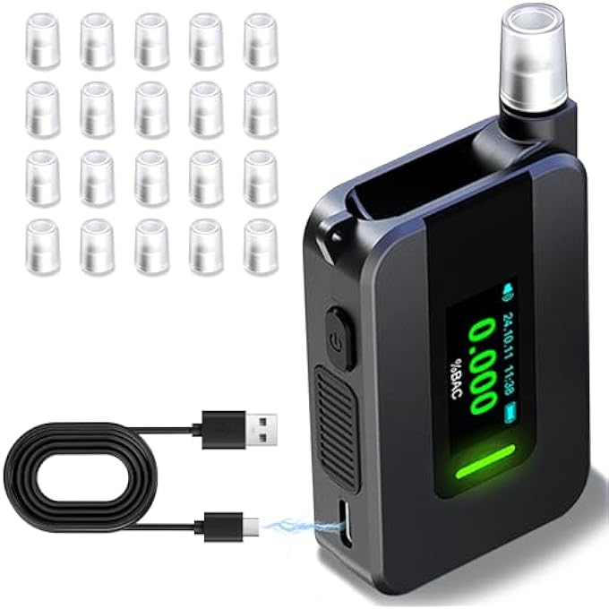 rayihni Alcohol Tester with Electrochemical Sensor, Portable Breathalyser with IPS HD Display, Per Mille Meter with 21 Mouthpieces for Home or Party Use - Image 1
