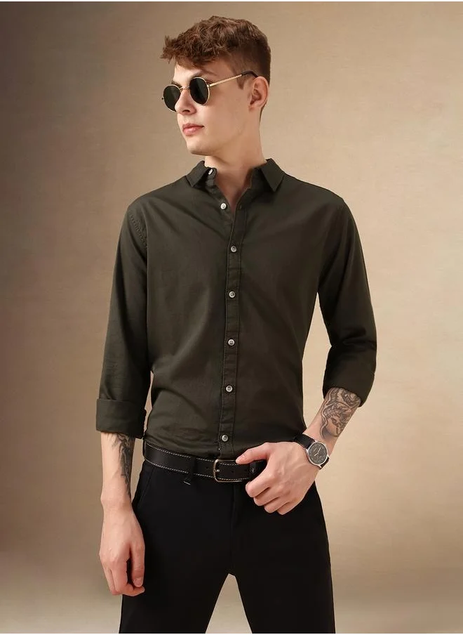 دينيس لينغو Men's Relaxed Fit Olive Casual Shirt