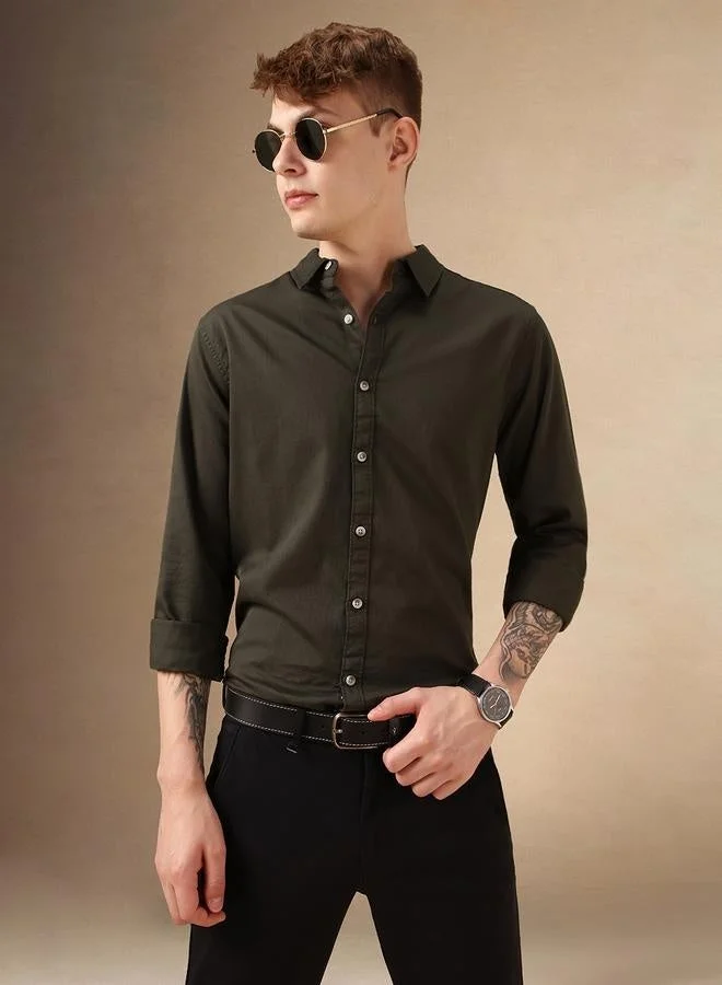 Dennis Lingo Men's Relaxed Fit Olive Casual Shirt