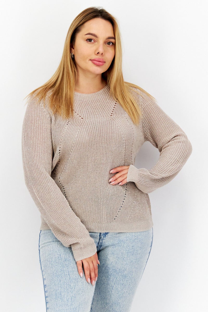 COMMA Women Round Neck Long Sleeve Knitted Sweater, Light Gold - Image 1