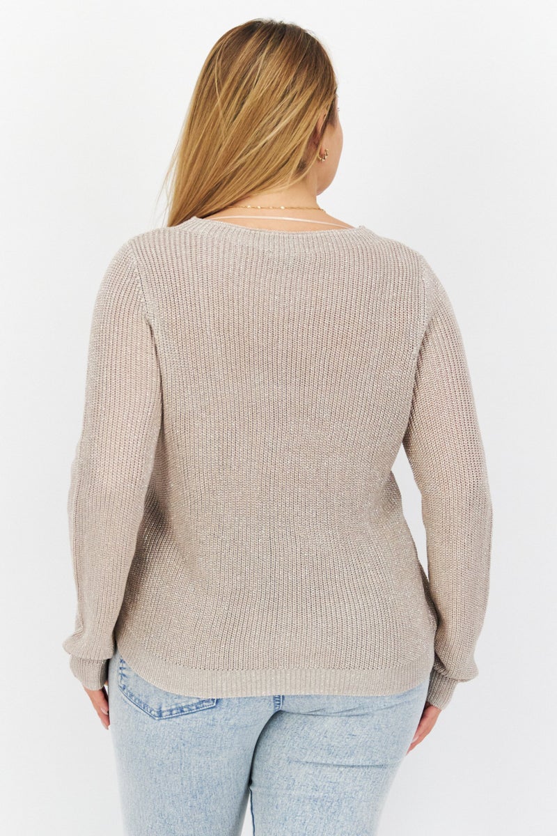 COMMA Women Round Neck Long Sleeve Knitted Sweater, Light Gold - Image 3