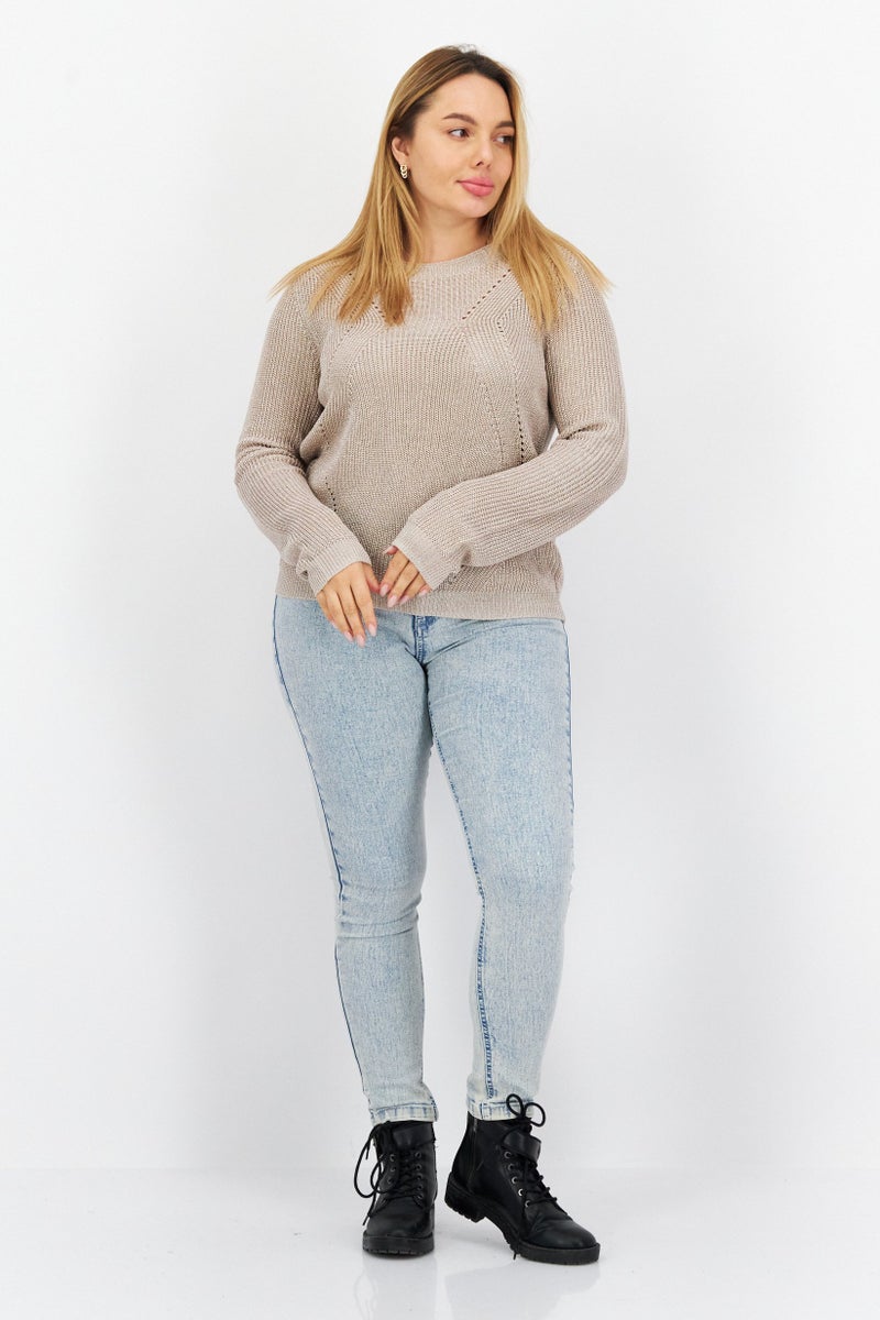 COMMA Women Round Neck Long Sleeve Knitted Sweater, Light Gold - Image 2