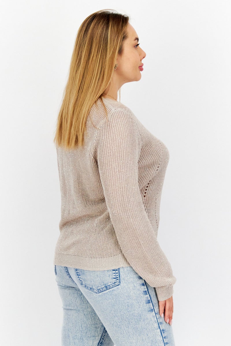 COMMA Women Round Neck Long Sleeve Knitted Sweater, Light Gold - Image 4