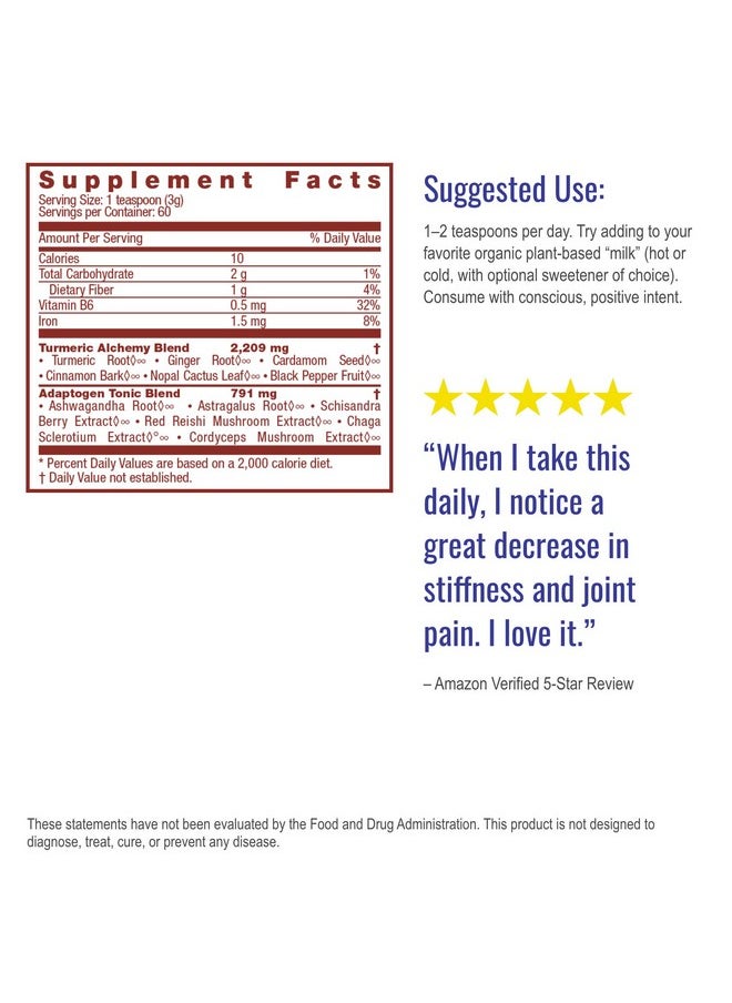HEALTHFORCE SUPERFOODS Turmeric Alchemy 180 Grams Superfood Adaptogen Tonic Golden Milk & Curcumin Blend Supports Energy Endurance & Vitality Organic Vegan Gluten Free 60 Servings  - Image 5