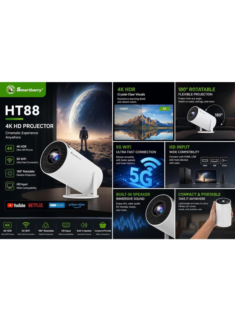 Smartberry Smartbarry HT88 4K Input 1080P Full HD Mini Projector with Android OS, 5G Wi-Fi & 210° Rotatable Stand - Image 3