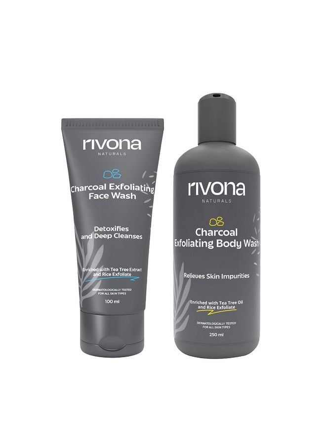 RIVONA NATURALS Charcoal Fresh Detox Duo Combo Of Charcoal Exfoliating Body Wash 250 Ml Charcoal Exfoliating Facewash 100 Ml With Scrub For Deep Pore Cleaning And Removes Dirt For Men & Women  - Image 1