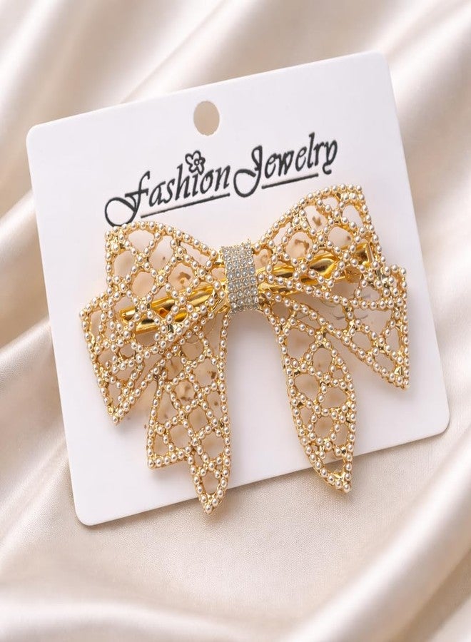 Samyak Pearl Bow Hair Clip for Women & Girls | Gold Rhinestone Crystal Hair Barrette | Elegant Party, Wedding & Bridal Hair Accessory - Image 2