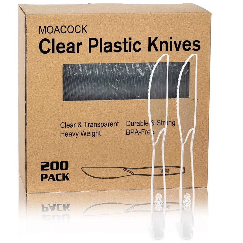 MOACOCK 200 Count Clear Plastic Knives Heavy Weight Disposable Spoons Cutlery Plastic Utensils Clear PlasticSilverware Bulk