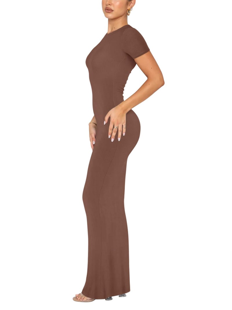 REORIA Women's Summer Sexy Casual Lounge Long Dress Elegant Wedding Guest Short Sleeve Crew Neck Bodycon Maxi Dresses Coffee Large - Image 2